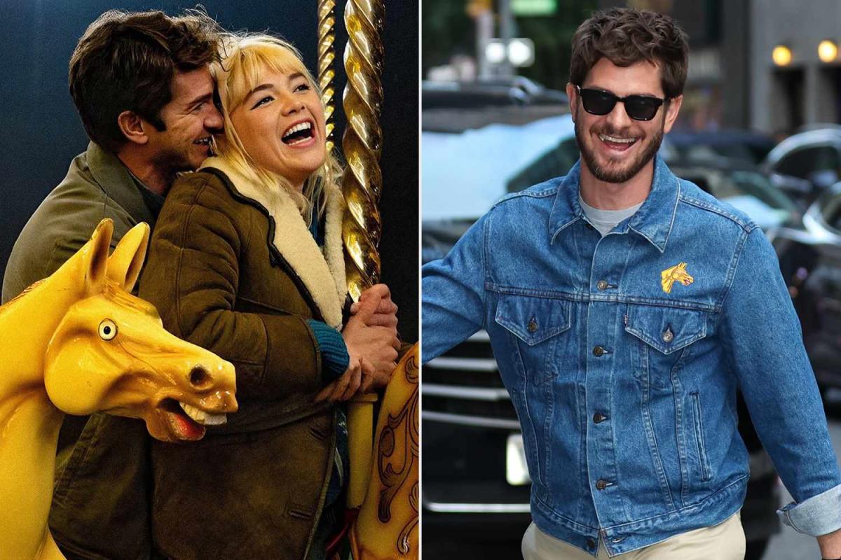 Andrew Garfield Leans All the Way into 'Freaky' Horse Meme from “We Live in  Time” with Custom Denim Jacket