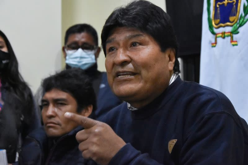 Bolivia's former President Evo Morales and President of the country's ruling Movement Toward Socialism (MAS) party attends a news conference in Cochabamba