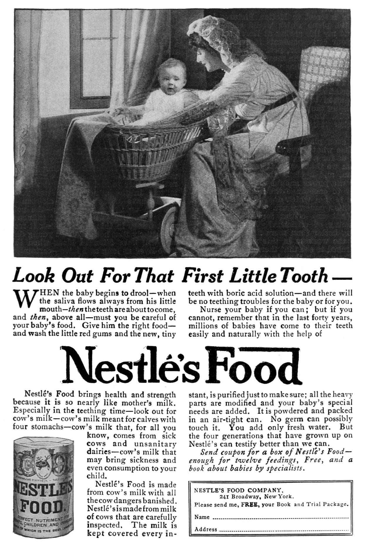 A 1915 advertisement for "Nestlés Food", an early infant formula