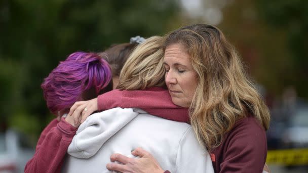 PHOTO: From left, Cody Murphy, 17 Sabrina Weihrauch, and Amanda Godley, left, comfort one another after an active shooter situation at Tree of Life Synagogue in Pittsburgh, Oct. 27, 2018. (Andrew Stein/Pittsburgh Post-Gazette via AP)