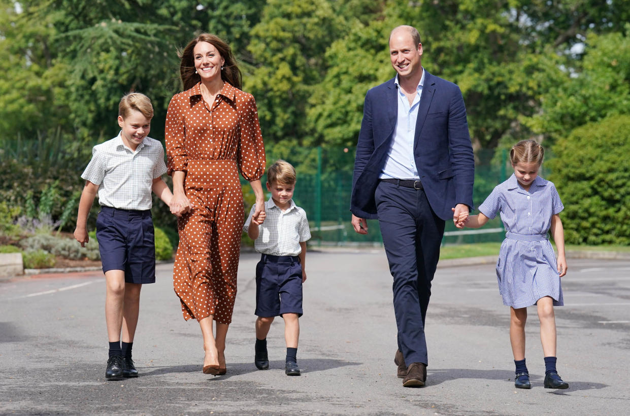 Britain's Prince George, Princess Charlotte and Prince Louis, accompanied by their parents Prince William and Catherine, Duchess of Cambridge, arrive for a settling-in afternoon at Lambrook School, an annual event held to welcome new starters and their families the day before the start of the new school term, near Ascot in Berkshire, Britain, September 7, 2022. Jonathan Brady/Pool via REUTERS