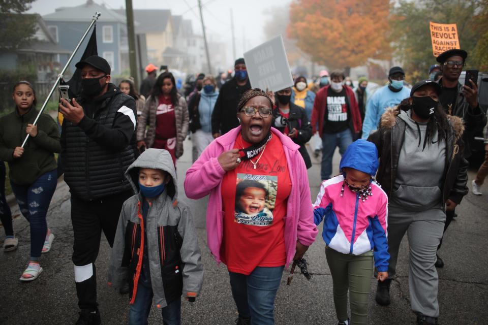 Demonstrators protest the October 20, police shooting that led to the death of 19-year-old Marcellis Stinnette and left his girlfriend, 20-year-old Tafara Williams, with serious injuries on October 22, 2020 in Waukegan, Illinois.