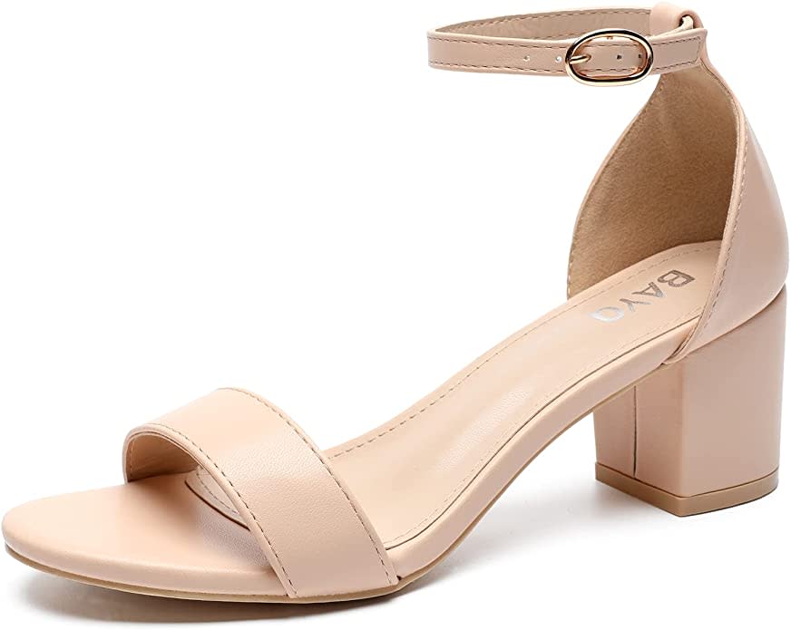 Nude block sandals with a low heel