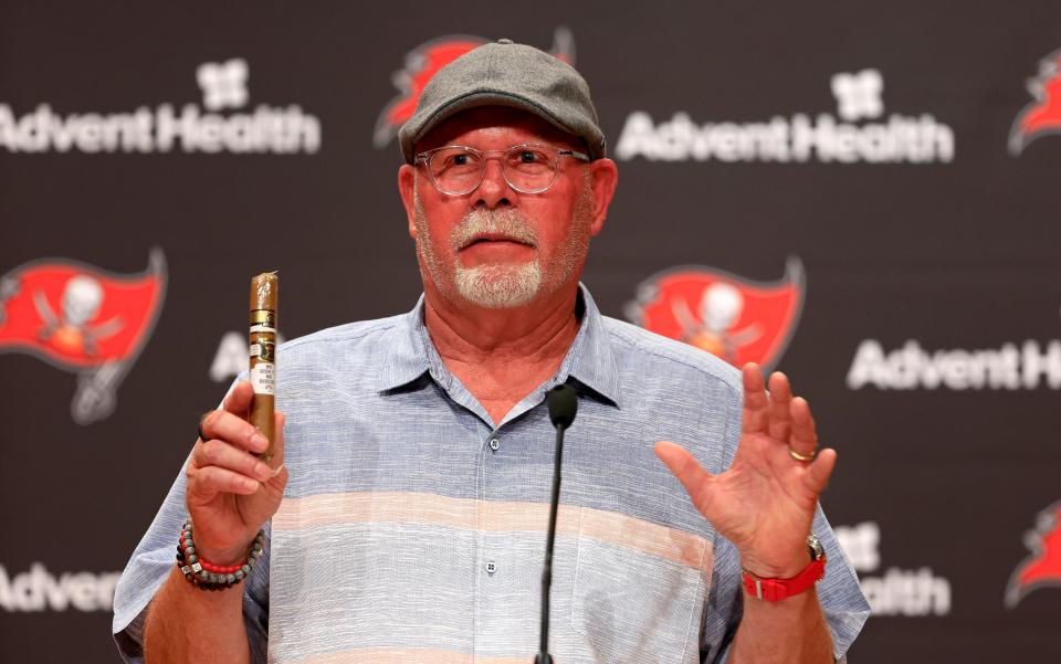 Former head coach of the Tampa Bay Buccaneers Bruce Arians speaks with members of the media during a press conference for new head coach Todd Bowles at AdventHealth Training Center on March 31, 2022 in Tampa, Florida.