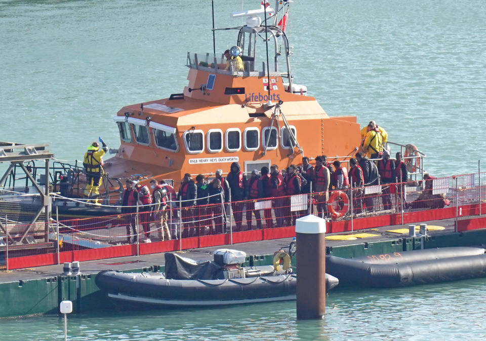 A group of people thought to be migrants are brought in to Dover, Kent, onboard the Ramsgate Lifeboat following a small boat incident in the Channel. Picture date: Thursday October 27, 2022. (Photo by Gareth Fuller/PA Images via Getty Images)