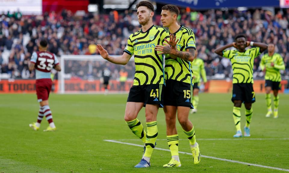 <span>Declan Rice chose a muted celebration against his former side after scoring Arsenal’s sixth goal. </span><span>Photograph: Tom Jenkins/The Guardian</span>