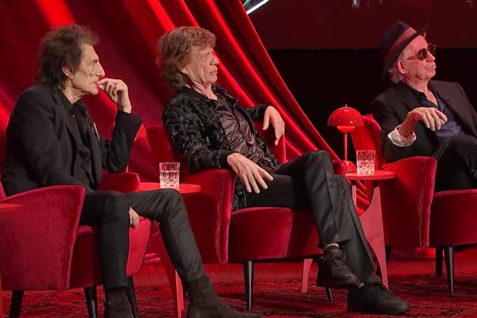 Ronnie Wood, Mick Jagger and Keith Richards at the London launch of the new Rolling Stones album ‘Hackney Diamond’ (Screenshot)