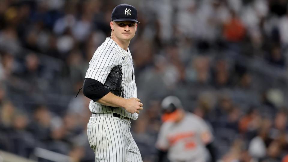 May 25, 2023;  Bronx, New York, USA;  New York Yankees starting pitcher Clarke Schmidt (36) reacts after allowing a run during the fifth inning against the Baltimore Orioles at Yankee Stadium.