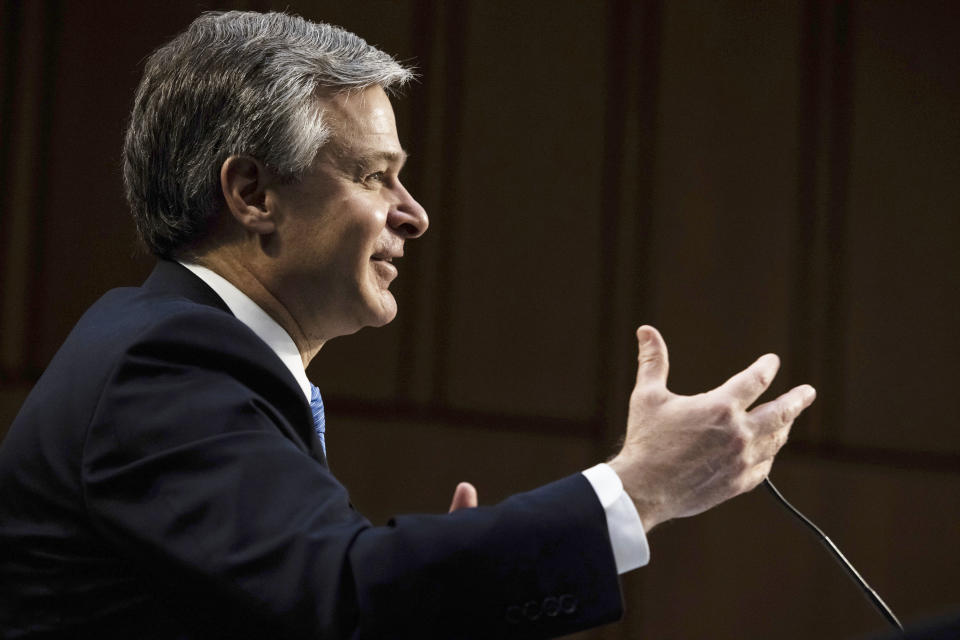 FBI Director Christopher Wray testifies before the Senate Judiciary Committee on Capitol Hill in Washington, Tuesday, March 2, 2021. (Graeme Jennings/Pool via AP)