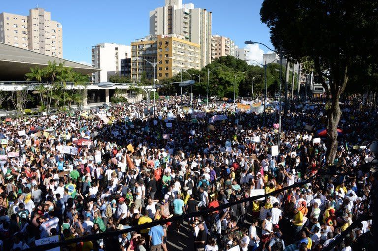 Young demonstrators march in Salvador, Bahia, northern Brazil, on June 20, 2013. Hundreds of thousands of people rallied across Brazil, as a protest movement over the quality of public services and the high cost of staging the World Cup gathered steam