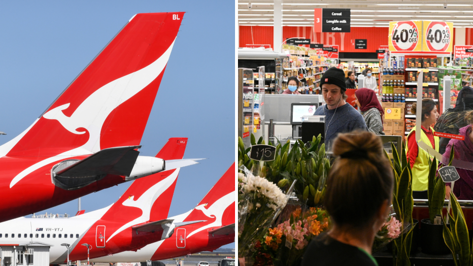 Qantas plane and Coles customers shopping. 