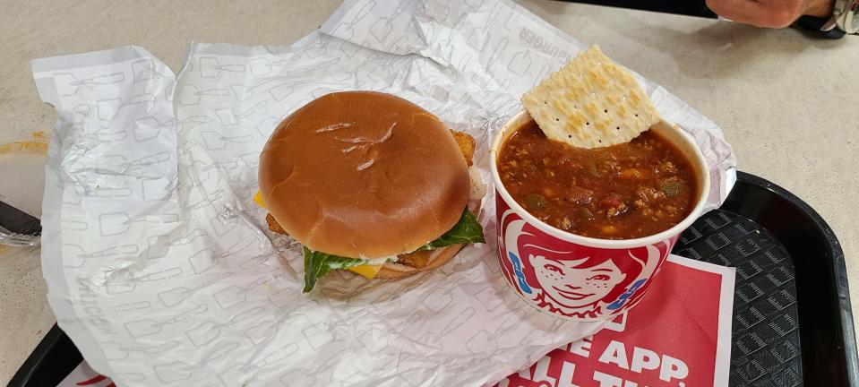 An unusual combo at Wendy's: Fried pollack sandwich and chili.