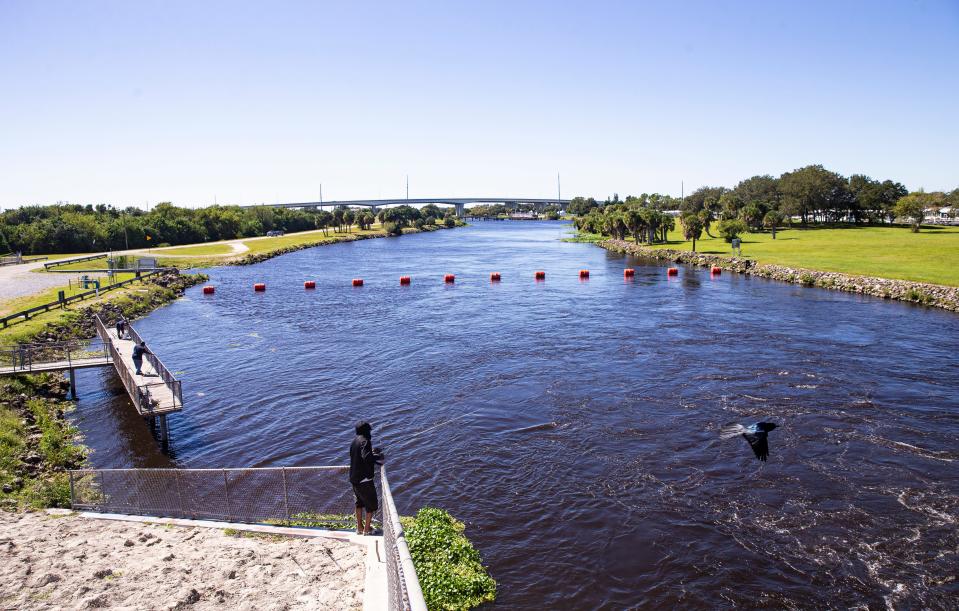 The Caloosahatchee River flows out of Lake Okeechobee near Moore Haven on Tuesday, Oct. 17, 2023.