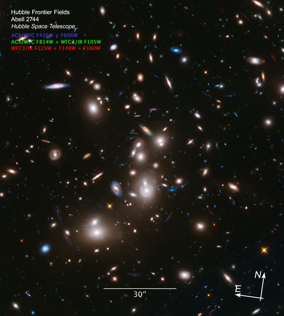 This long-exposure Hubble Space Telescope image of massive galaxy cluster Abell 2744 is the deepest ever made of any cluster of galaxies. It shows some of the faintest and youngest galaxies ever detected in space. Abell 2744, located in the con