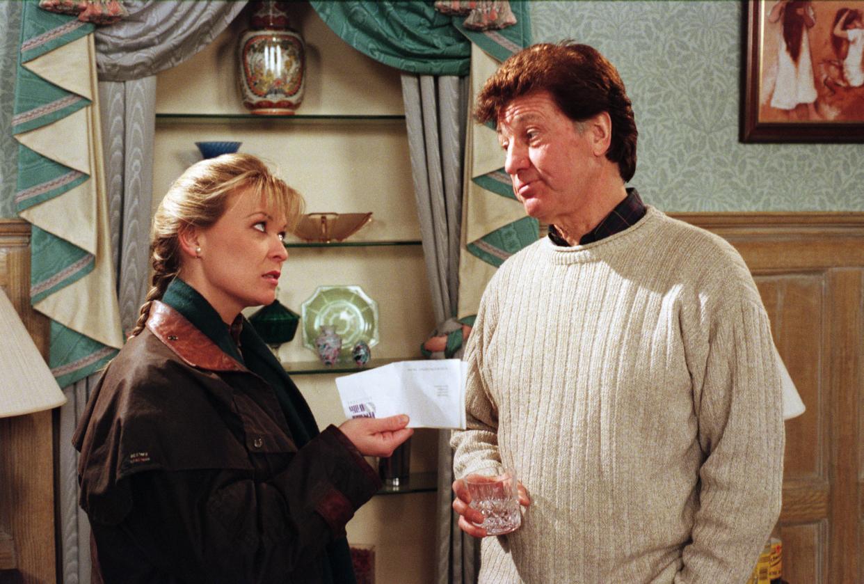 Kim Tate (Claire King) and Frank Tate (Norman Bowler) Kim Tate in a 1996 episode of Emmerdale. (ITV/Shutterstock)