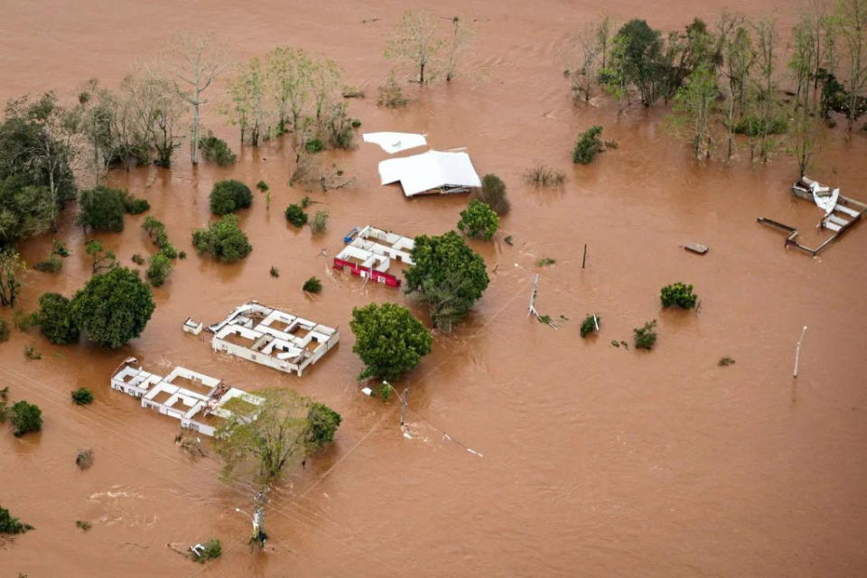 Aerial view of the area affected by an extratropical cyclone in Muçum, Rio Grande do Sul State, Brazil, taken on September 5, 2023. Torrential rain and winds caused by an extratropical cyclone have left at least 27 people dead in southern Brazil, officials. The latest in a string of weather disasters to hit Brazil, it is the deadliest ever in the state of Rio Grande do Sul, Governor Eduardo Leite told a news conference.