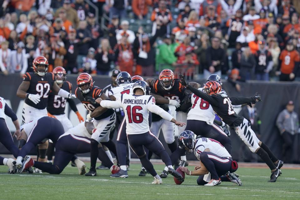 Houston Texans' Matt Ammendola (16) kicks a game-winning 38-yard field goal against the Cincinnati Bengals during the second half of an NFL football game Sunday, Nov. 12, 2023, in Cincinnati. The Texans won 30-27. (AP Photo/Michael Conroy)