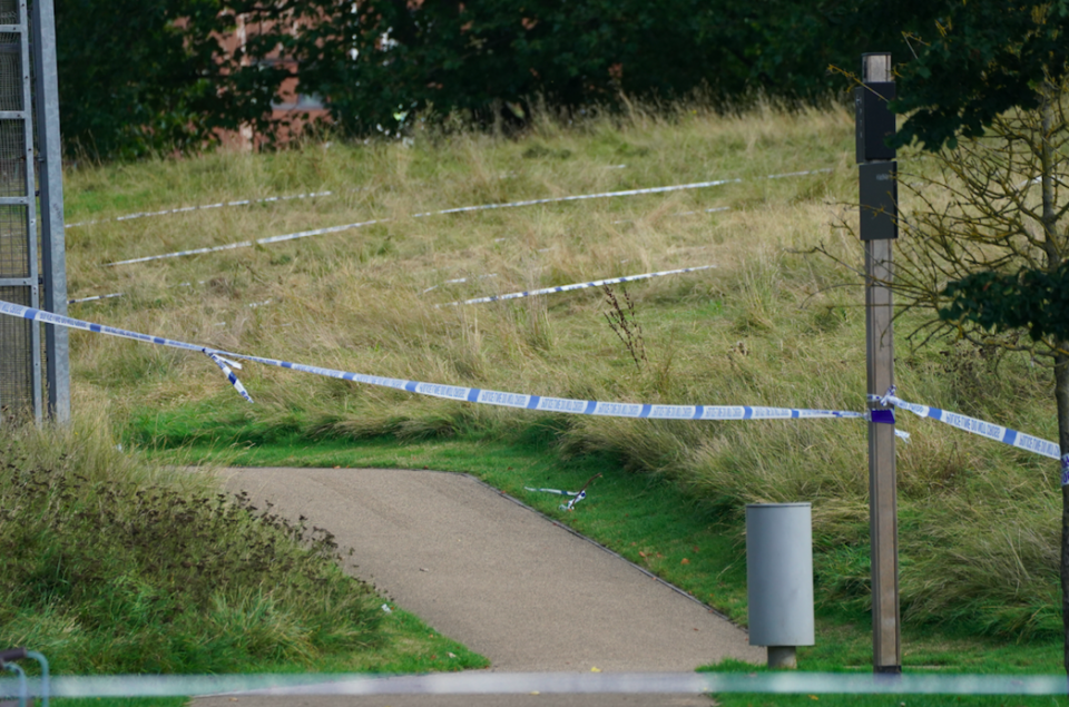 Police tape in Cator Park, Kidbrooke, south London, near to the scene where the body of Sabina Nessa was found. (PA)