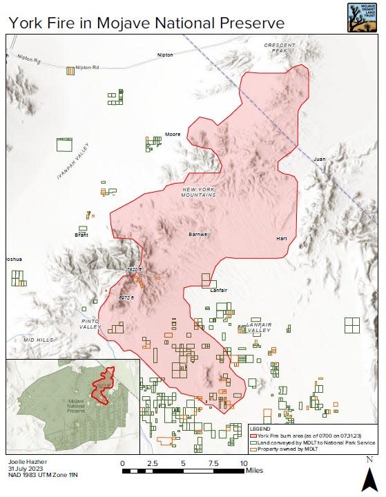 A map of the York Fire in the Mojave National Preserve. The Mojave Desert Land Trust is monitoring the fire and its nearly 560 acres of rich biodiversity within the burn zone in the preserve.