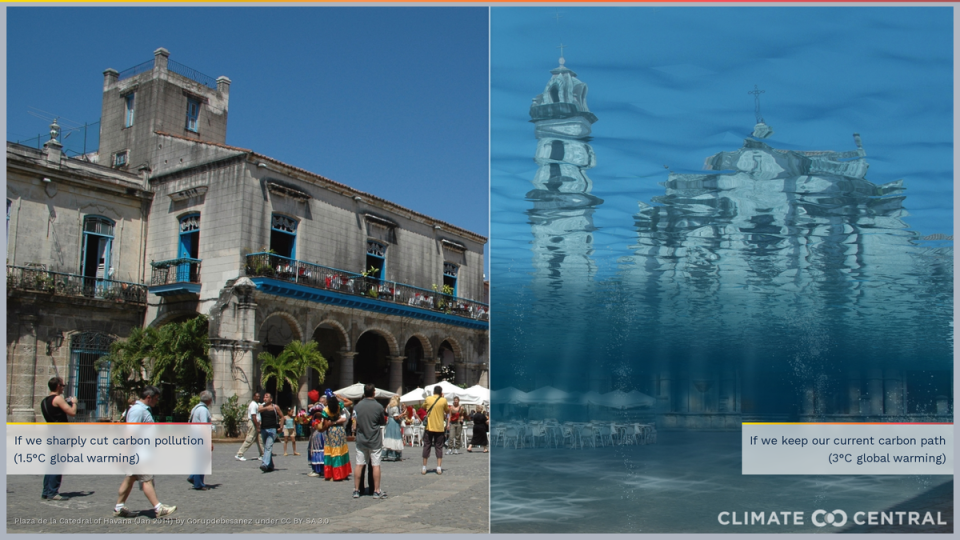 Water levels at the Plaza de la Catedral in Havana, Cuba if global warming hits 1.5C (left) or 3C (right). (Climate Central)