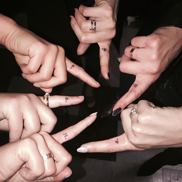 <p>When <em>Pretty Little Liars </em>ended, the stars of the series (Lucy Hale, Shay Mitchell, Janel Parrish, Ashley Benson, Troian Bellisario, and Sasha Pieterse) got matching tattoos on their "shh" fingers.</p><p><a href="https://www.instagram.com/p/BMGWl9bB-hU" rel="nofollow noopener" target="_blank" data-ylk="slk:See the original post on Instagram;elm:context_link;itc:0;sec:content-canvas" class="link ">See the original post on Instagram</a></p>