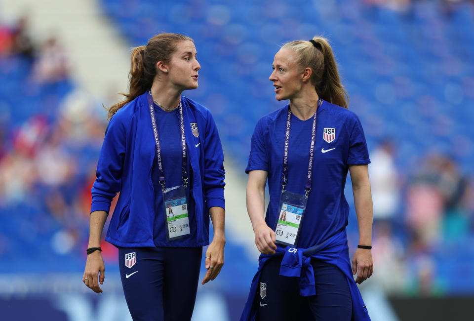 Tierna Davidson (left) is on track to take Becky Sauerbrunn's job at some point. (Photo by Naomi Baker - FIFA/FIFA via Getty Images)