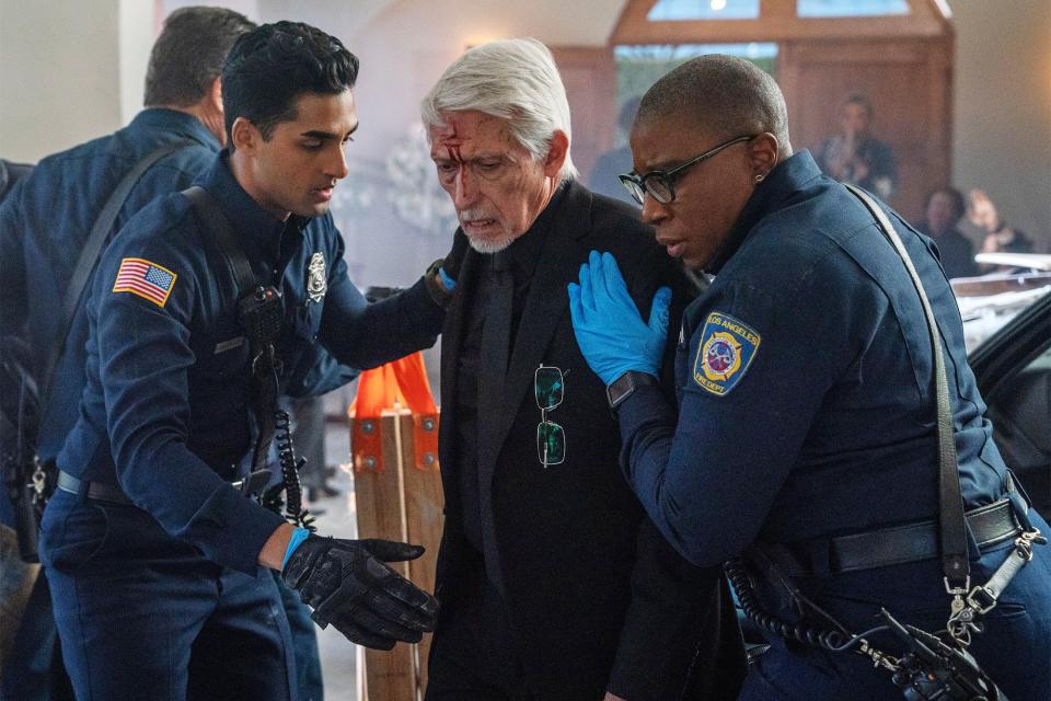 Anirudh Pisharody with guest star Mark Bramhall and Aisha Hinds on '9-1-1'