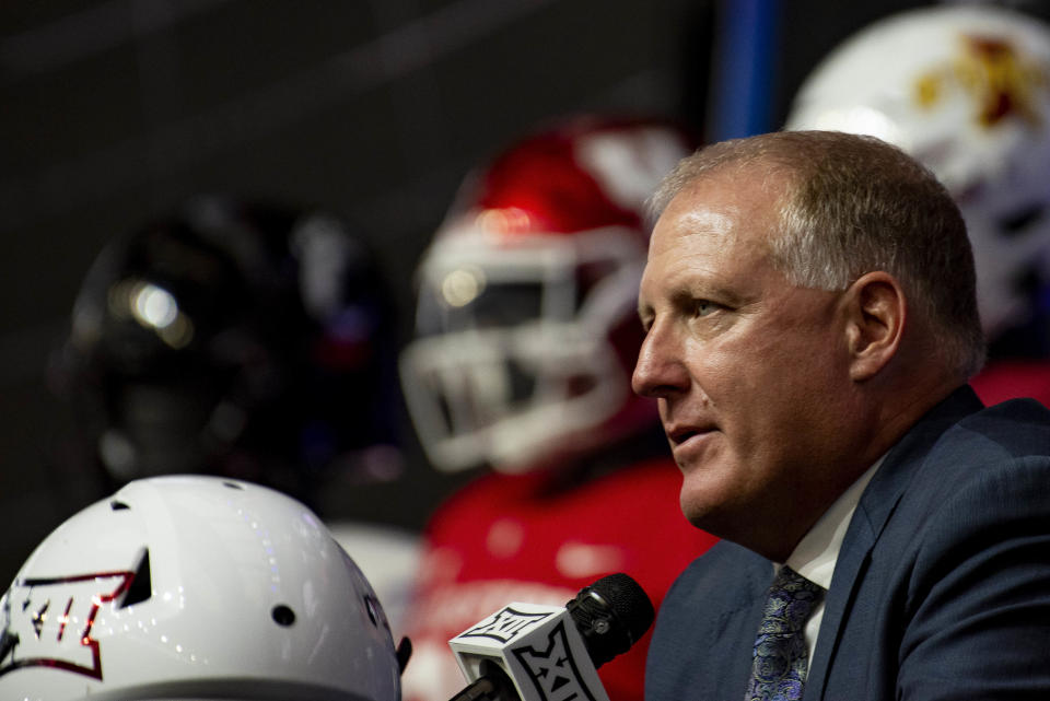 Kansas State head football coach Chris Klieman answers questions at the NCAA college football Big 12 media days in Arlington, Texas, Thursday, July 13, 2023.(AP Photo/Emil T. Lippe)