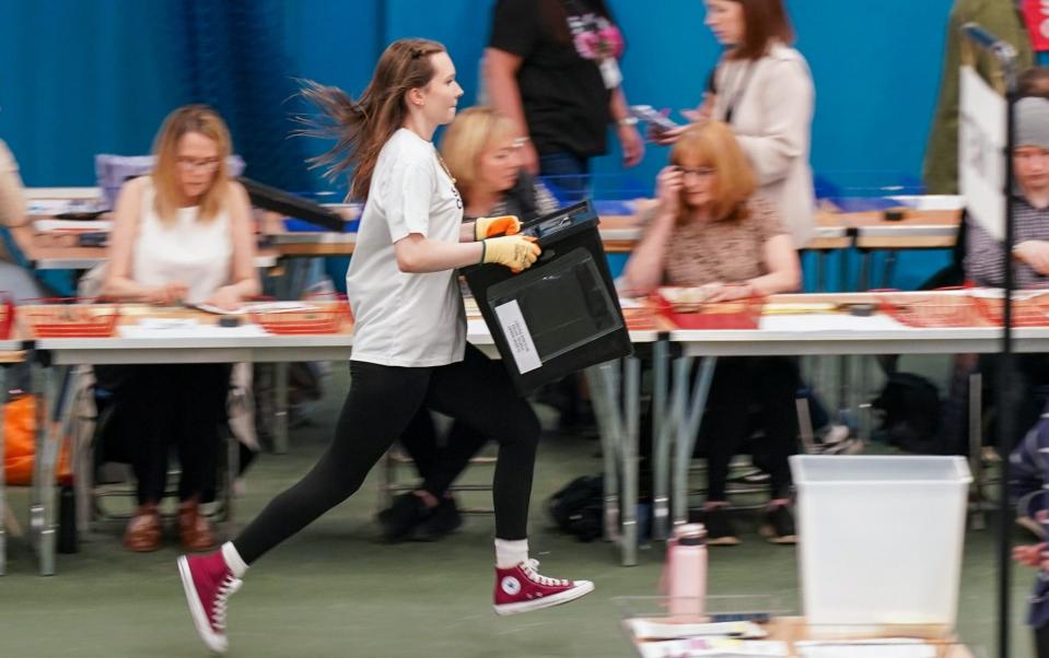 Ballot boxes arrive at Silksworth Community Pool, Tennis and Wellness Centre in Sunderland as the verification and count process begins in the Parliamentary constituency counts for Houghton and Sunderland South, Sunderland Central and Washington and Gateshead South