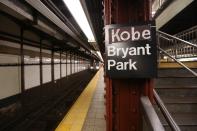 Subway riders found a creative way to pay tribute to Los Angeles Lakers legend Kobe Bryant with a makeshift sign at the Bryant Park subway station on January 27, 2020 in New York, United States. (Photo by Lokman Vural Elibol/Anadolu Agency via Getty Images)