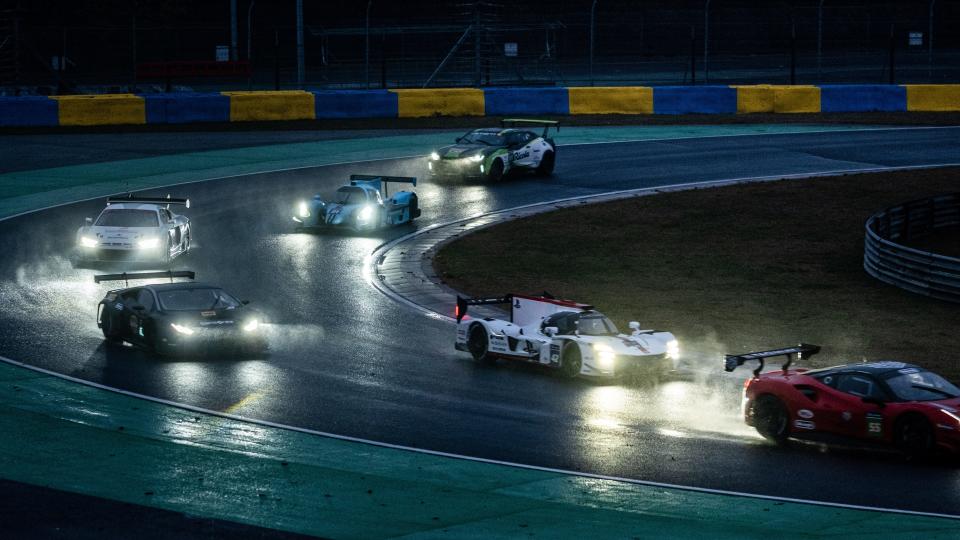 Drivers during the nighttime racing sequences in "Gran Turismo" lap the track at Le Mans. The movie looks at the triumph of a young British driver who was discovered among a crop of video game players.