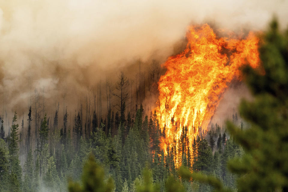 Flames from the Donnie Creek wildfire burn along a ridge top north of Fort St. John, British Columbia, Sunday, July 2, 2023. (Noah Berger / AP)