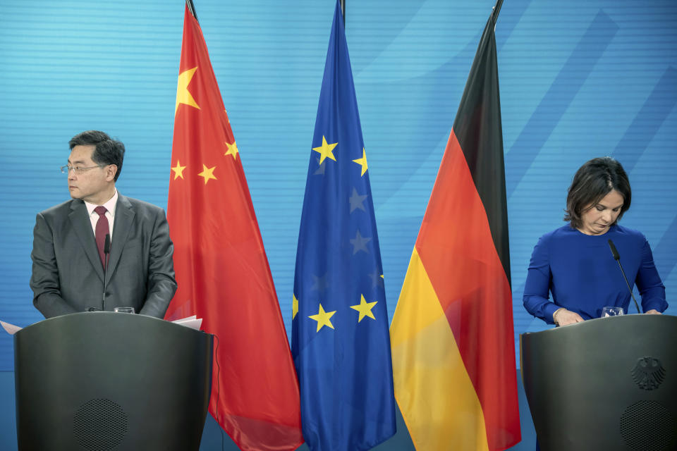 Germany's Foreign Minister, Annalena Baerbock, right, and her counterpart, Qin Gang, Foreign Minister of China, attend a press conference after bilateral talks at the Federal Foreign Office in Berlin, Tuesday, May 9, 2023. (Michael Kappeler/Pool photo via AP)