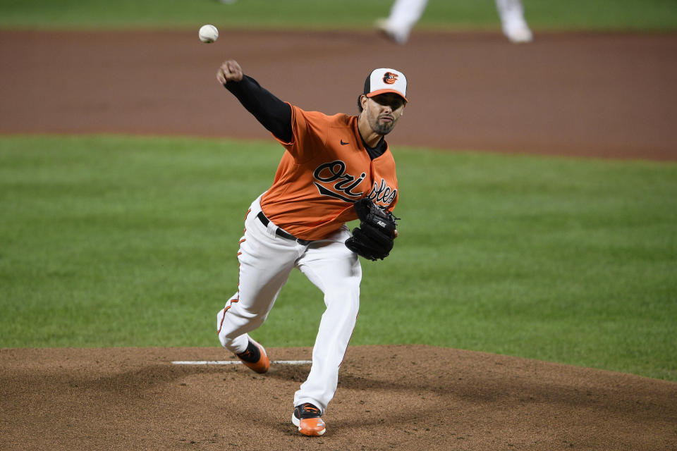 Baltimore Orioles starting pitcher Jorge Lopez delivers a pitch during the first inning of a baseball game against the Tampa Bay Rays, Saturday, Sept. 19, 2020, in Baltimore. (AP Photo/Nick Wass)