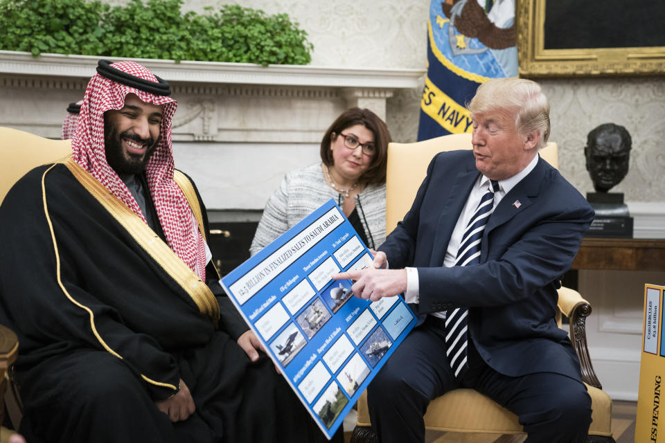 President Donald Trump shows off posters as he talks with Crown Prince Mohammad bin Salman of the Kingdom of Saudi Arabia during a meeting in the Oval Office at the White House on Tuesday, March 20, 2018 in Washington, DC. (Jabin Botsford/The Washington Post via Getty Images)