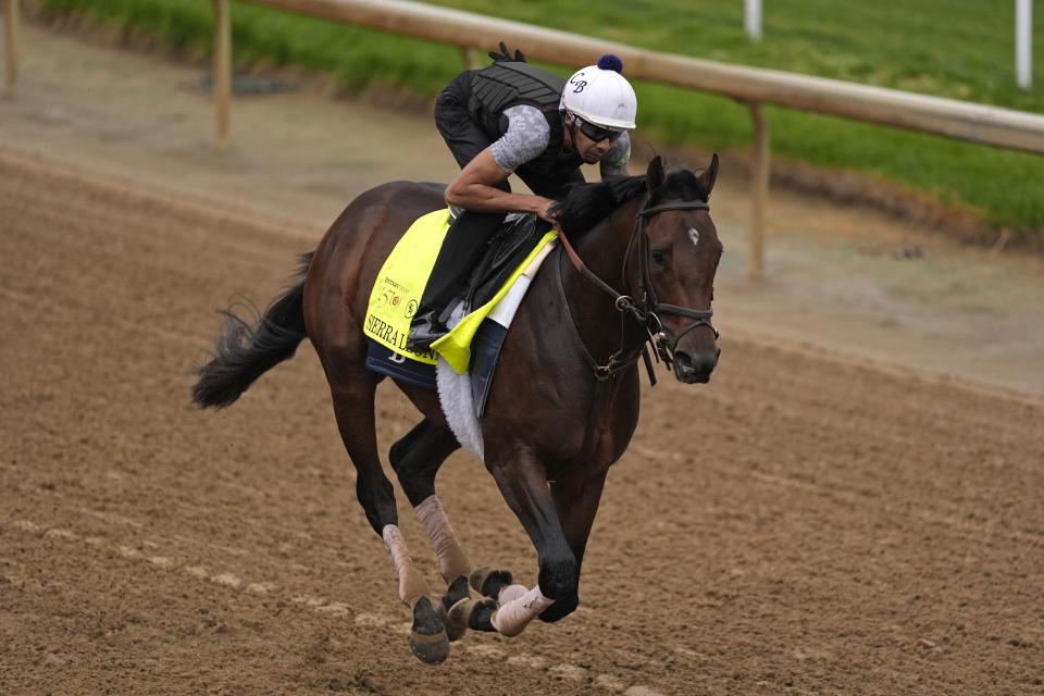 Kentucky Derby hopeful Sierra Leone works out at Churchill Downs Tuesday, April 30, 2024, in Louisville, Ky. The 150th running of the Kentucky Derby is scheduled for Saturday, May 4. (AP Photo/Charlie Riedel)