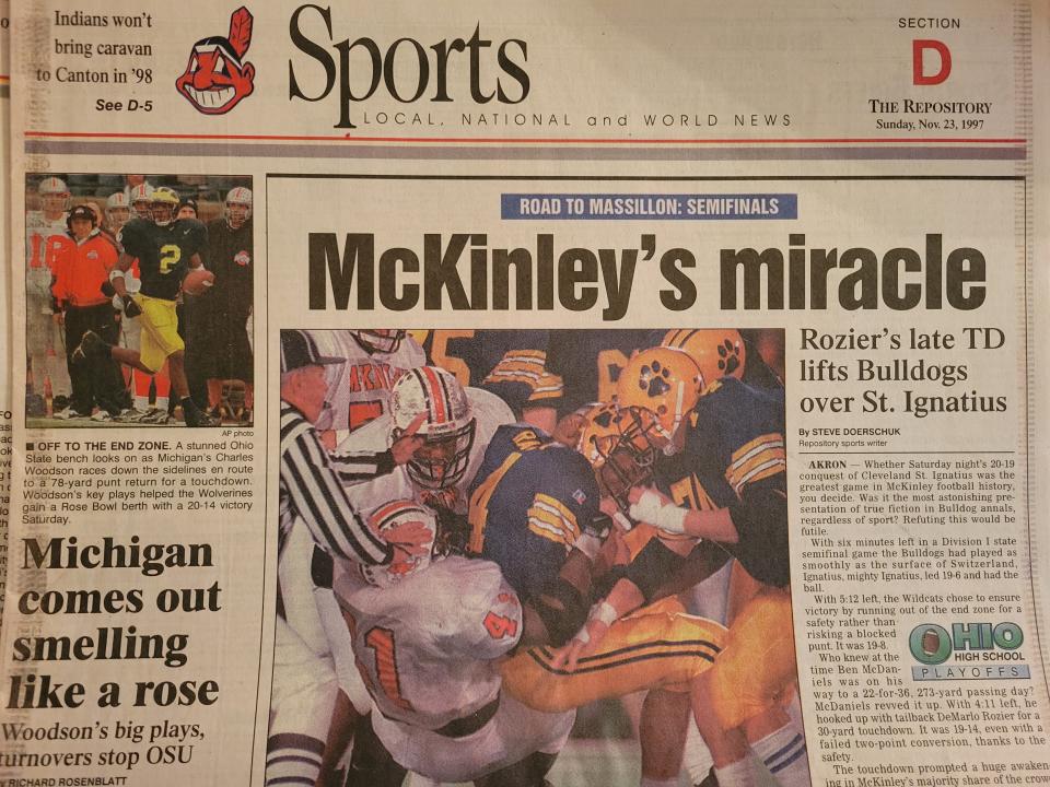 Front of The Repository sports page Sunday, Nov. 23, 1997, the day after the McKinley football team rallied to beat St. Ignatius 20-19 in the Division I state semifinals.