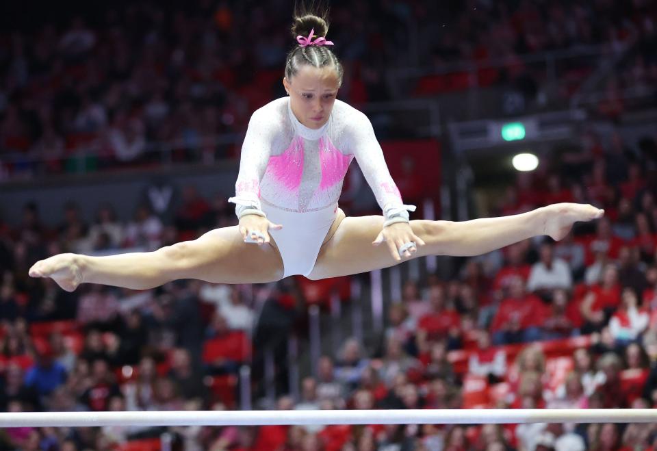 University of Utah gymnast Ella Zirbes competes on the beam in Salt Lake City on Friday, Feb. 23, 2024. | Jeffrey D. Allred, Deseret News