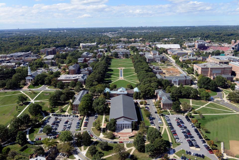 An aerial shot of the campus at the University of Maryland.