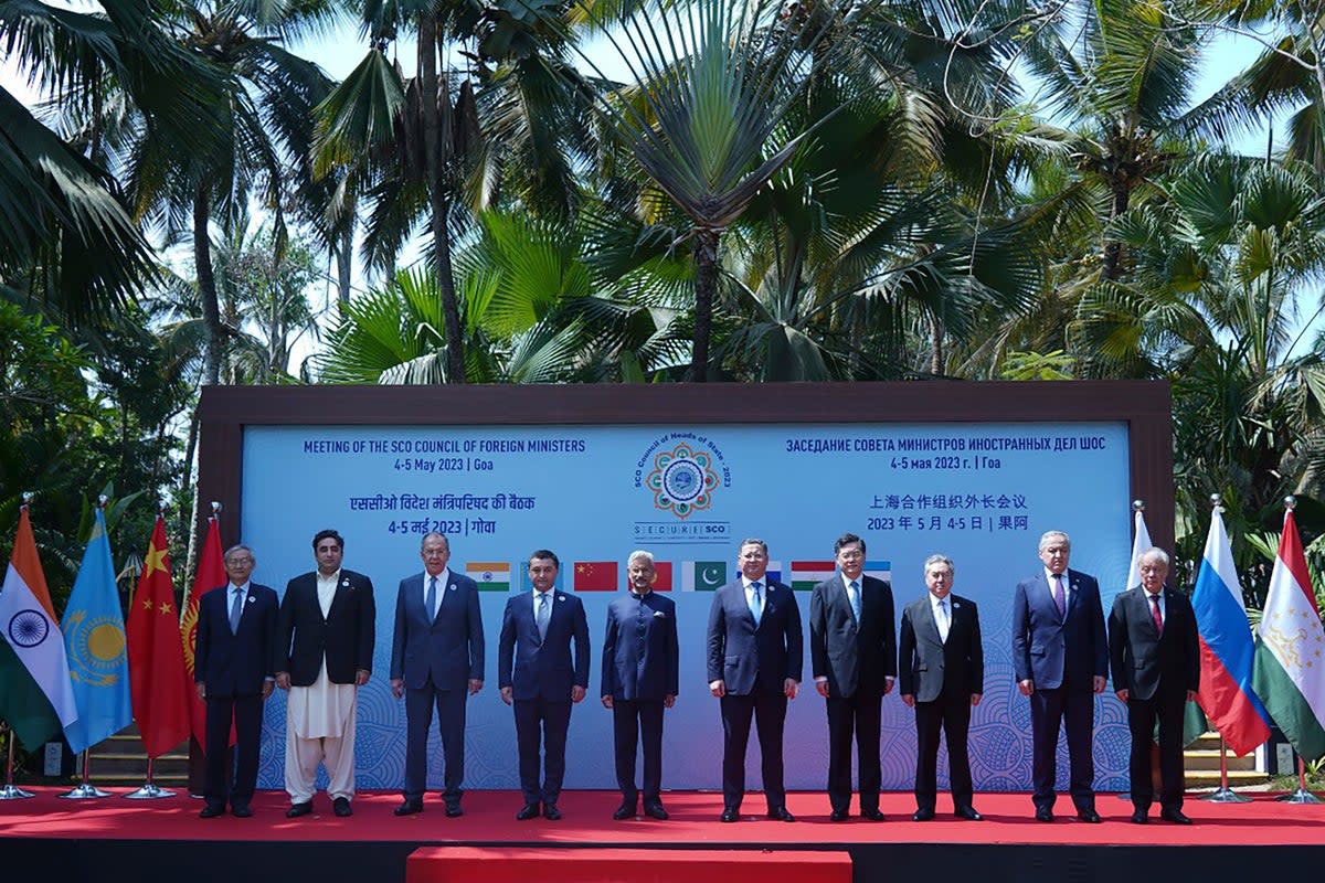 A group photo of SCO members after the summit in Goa, India on Friday (AP)