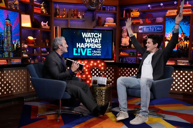 <p>Charles Sykes/Bravo via Getty</p> Andy Cohen and John Mayer on Watch What Happens Live in New York City in October 2023