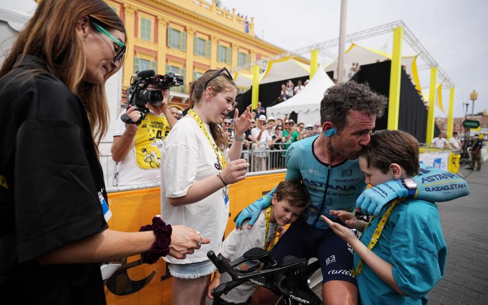 Mark Cavendish with his family after the final stage of the 2024 Tour de France