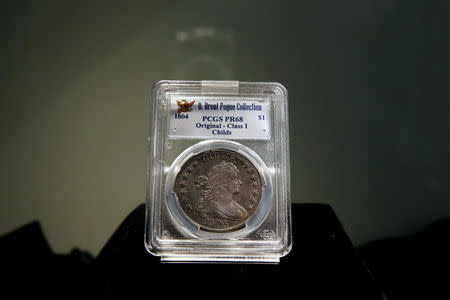 The Sultan of Muscat-Brands-Childs 1804 Silver Dollar is displayed as part of the D. Brent Pogue collection to be sold on Tuesday at Sotheby's in New York, U.S., May 24, 2016. REUTERS/Lucas Jackson