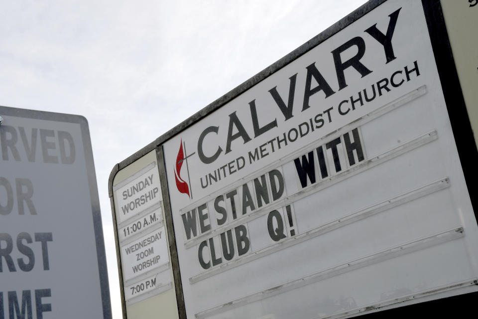 CORRECTS SPELLING OF CHURCH TO CALVARY - A sign at the Calvary United Methodist Church about a mile from Club Q in Colorado Springs, Colo., on Wednesday, Nov. 23, 2022. The church stood in solidarity with the gay nightclub after a gunman opened fire and killed five people there Saturday night. (AP Photo/Thomas Peipert)