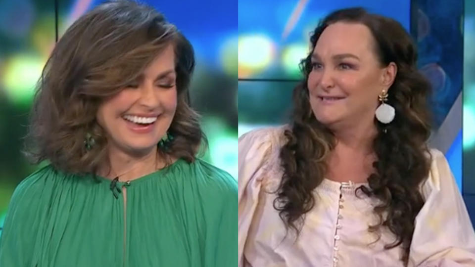 Lisa Wilkinson and co-host Kate Langbroek laugh on The Project