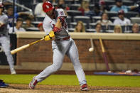 St. Louis Cardinals' Paul Goldschmidt hits an RBI single during the eighth inning of a baseball game against the New York Mets Wednesday, Sept. 15, 2021, in New York. (AP Photo/Frank Franklin II)