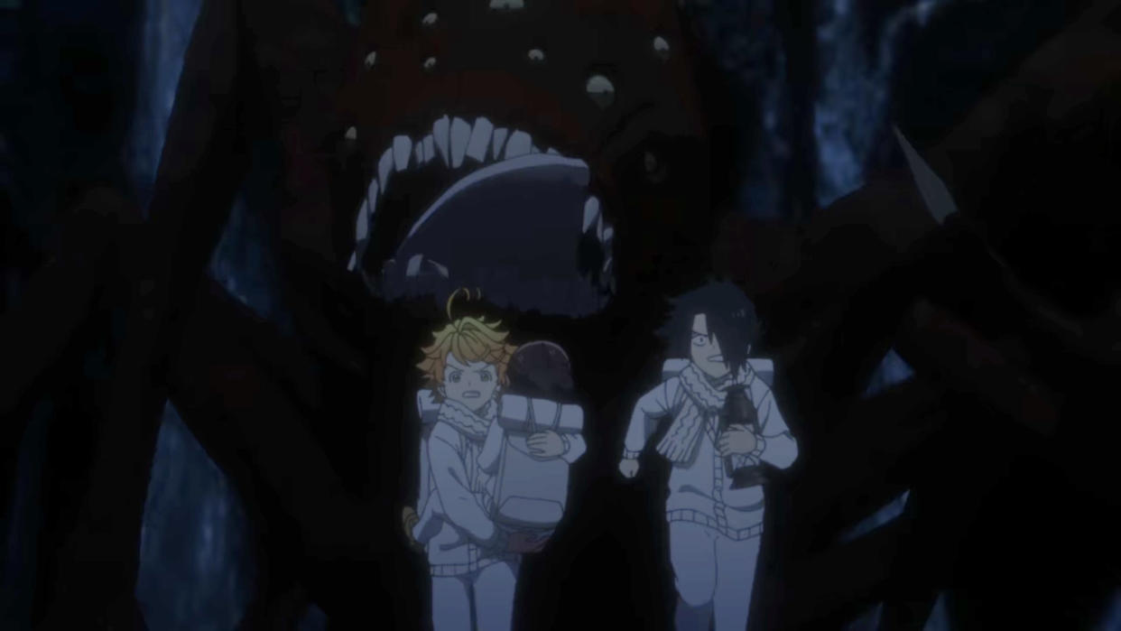 Emma, carrying one of the siblings, and Ray running away from a demon in The Promised Neverland Season 2. (Screenshot: Netflix)