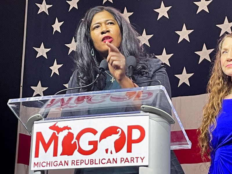 FILE PHOTO: Michigan Republican Party's state party chair candidate Kristina Karamo speaks in Lansing