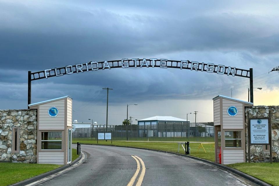 The entrance to Florida State Prison in Starke, Fla. is shown Thursday, Aug. 3, 2023.