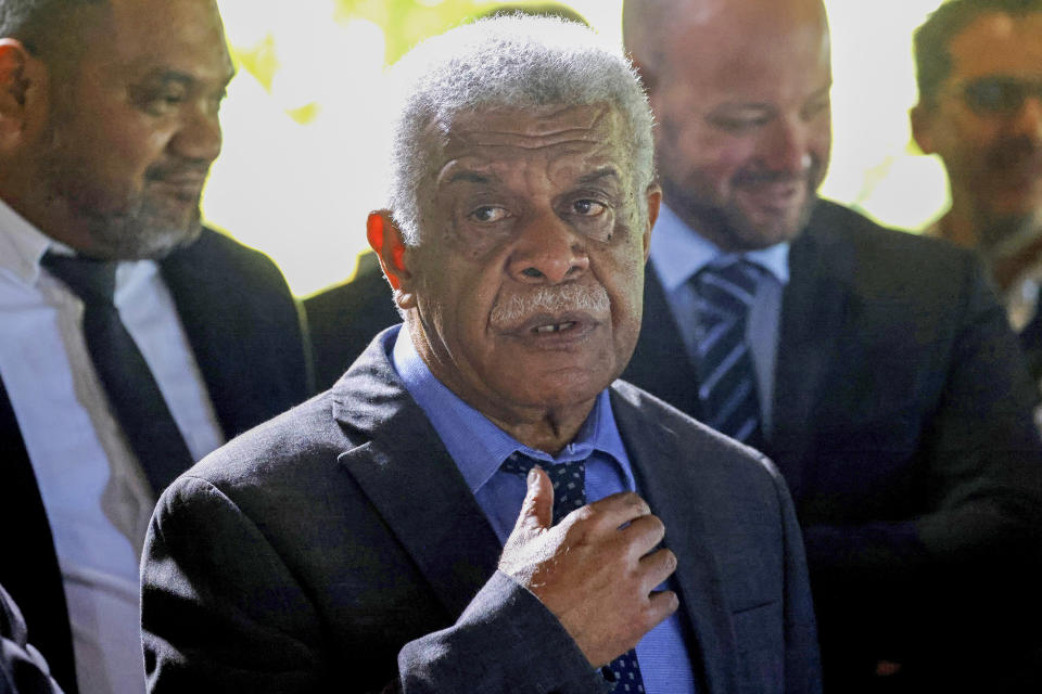 New Caledonia's President, Louis Mapou reacts during a meeting with French President Emmanuel Macron and New Caledonia's elected officials and local representatives at the French High Commissioner Louis Le Franc's residence in Noumea,New Caledonia, Thursday, May 23, 2024. Macron has landed in riot-hit New Caledonia, having crossed the globe by plane from Paris in a high-profile show of support for the French Pacific archipelago wracked by deadly unrest and where indigenous people have long sought independence from France. (Ludovic Marin/Pool Photo via AP)